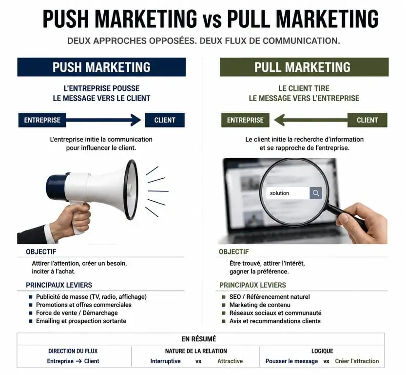 Infographie comparative : différences entre le push marketing et le pull marketing