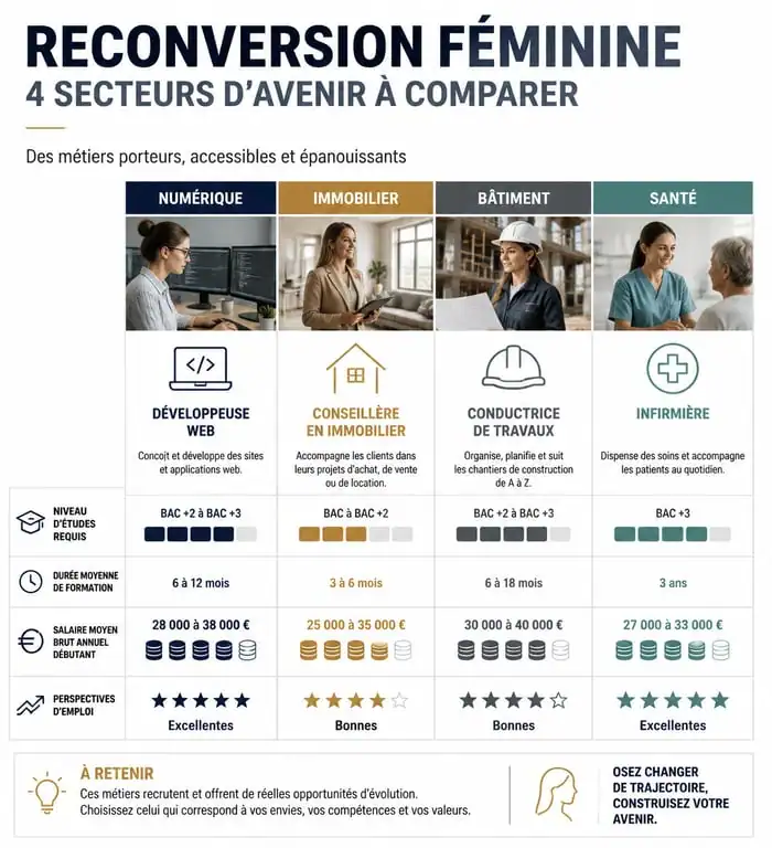 Infographie comparative des métiers porteurs pour une reconversion professionnelle féminine