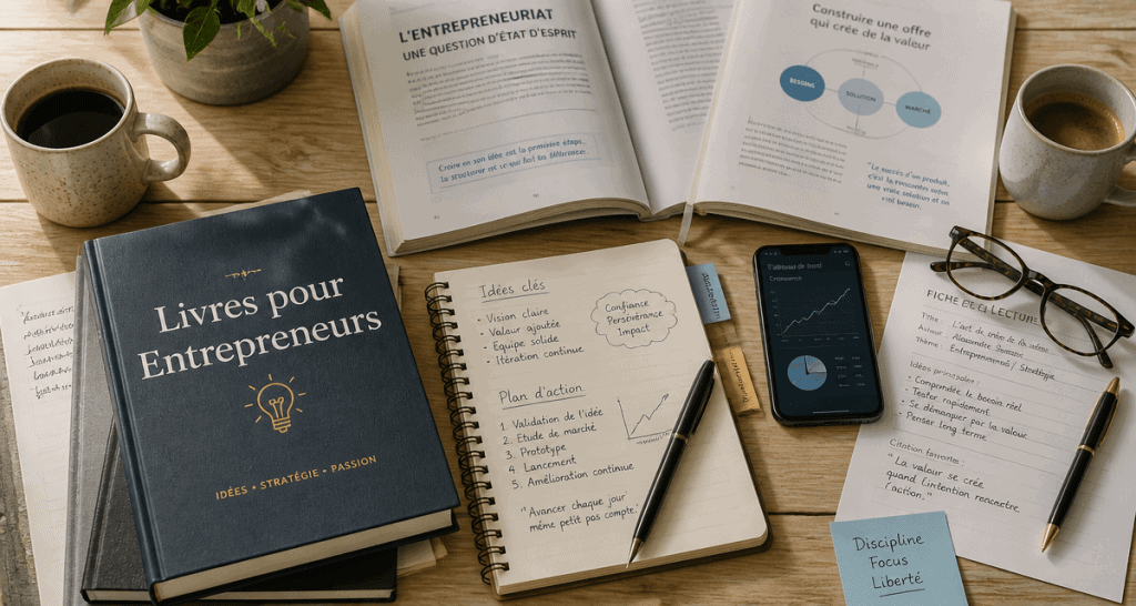 entrepreneuriat livre sur un bureau avec livres et carnet