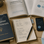 entrepreneuriat livre sur un bureau avec livres et carnet