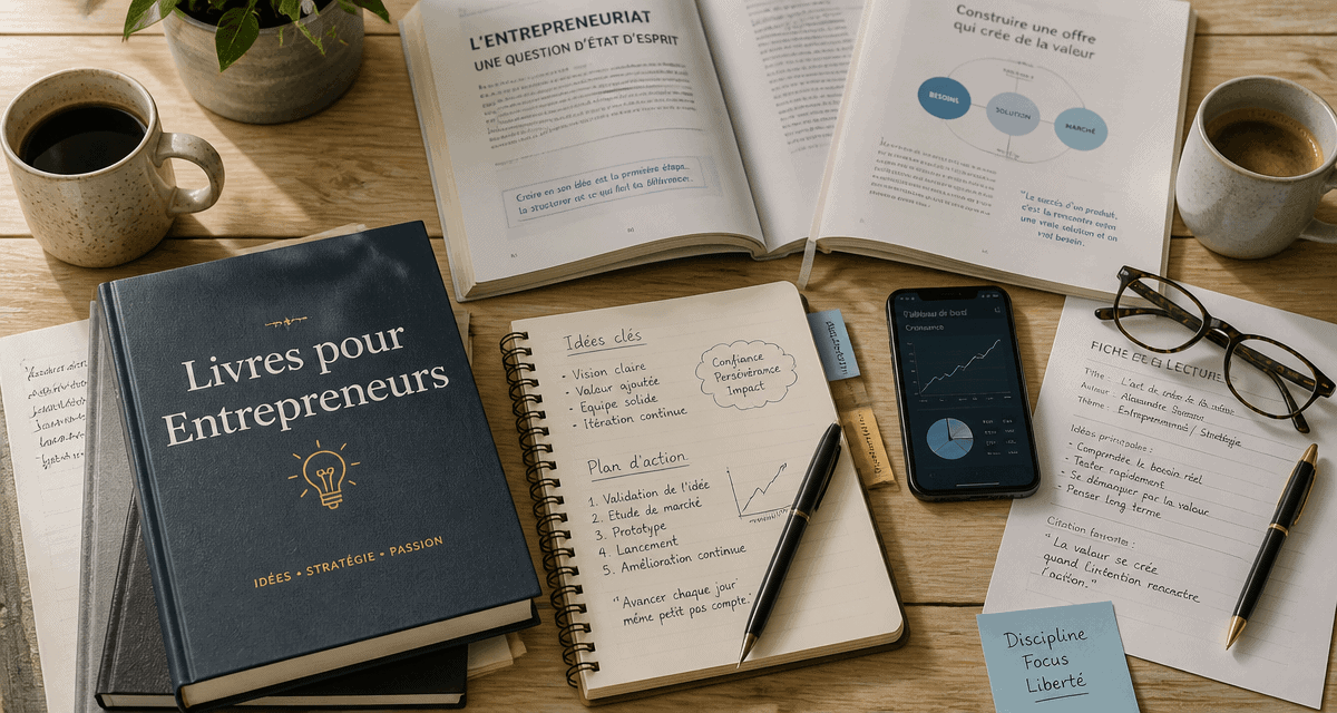 entrepreneuriat livre sur un bureau avec livres et carnet