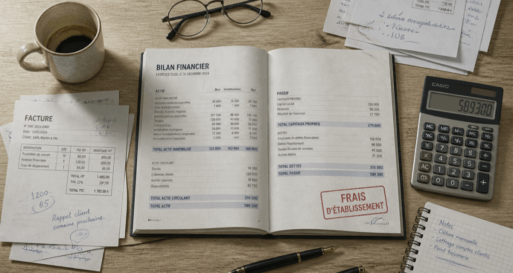 frais d établissement sur bureau avec documents