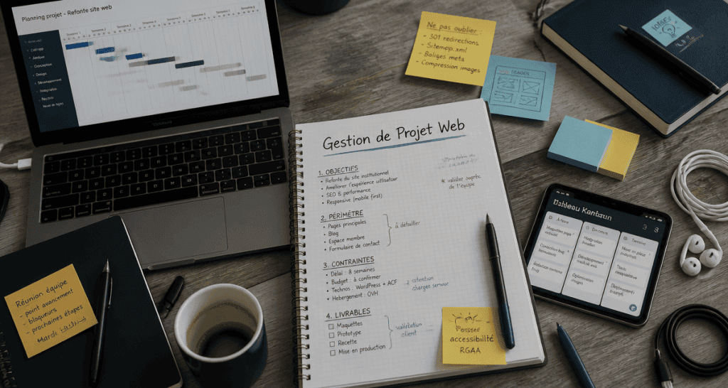 Bureau gestion de projet web avec cahier et outils
