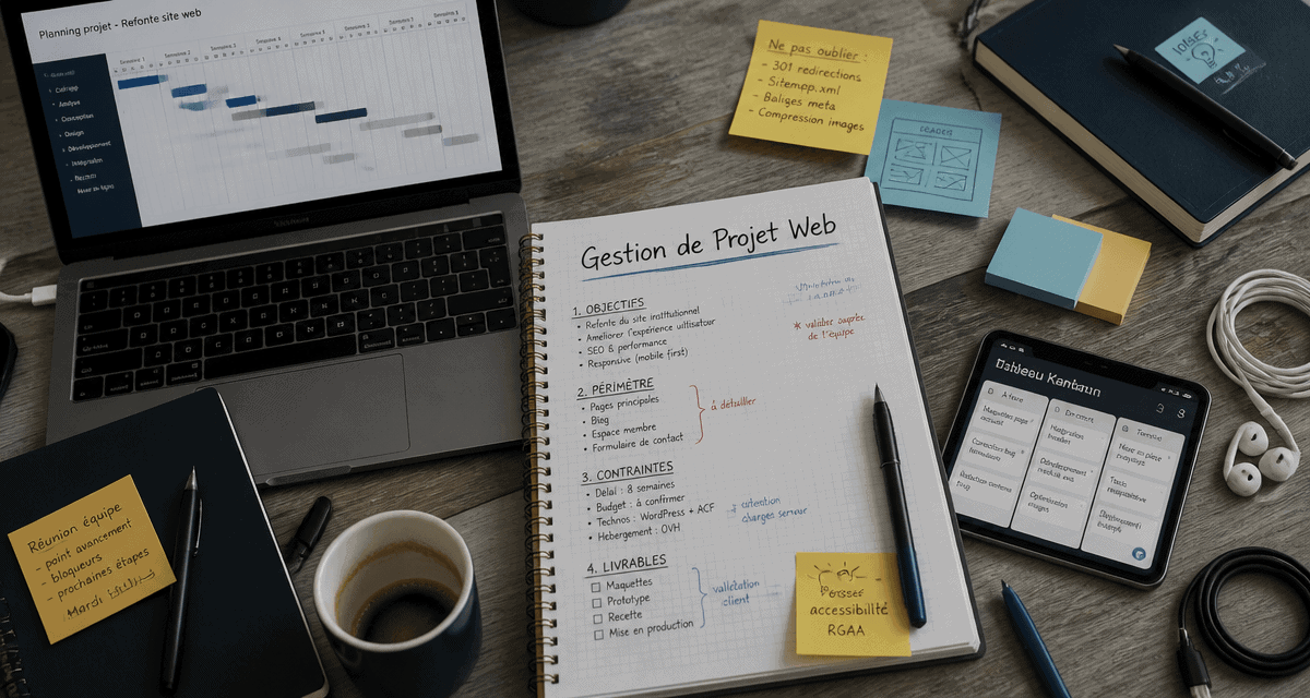 Bureau gestion de projet web avec cahier et outils