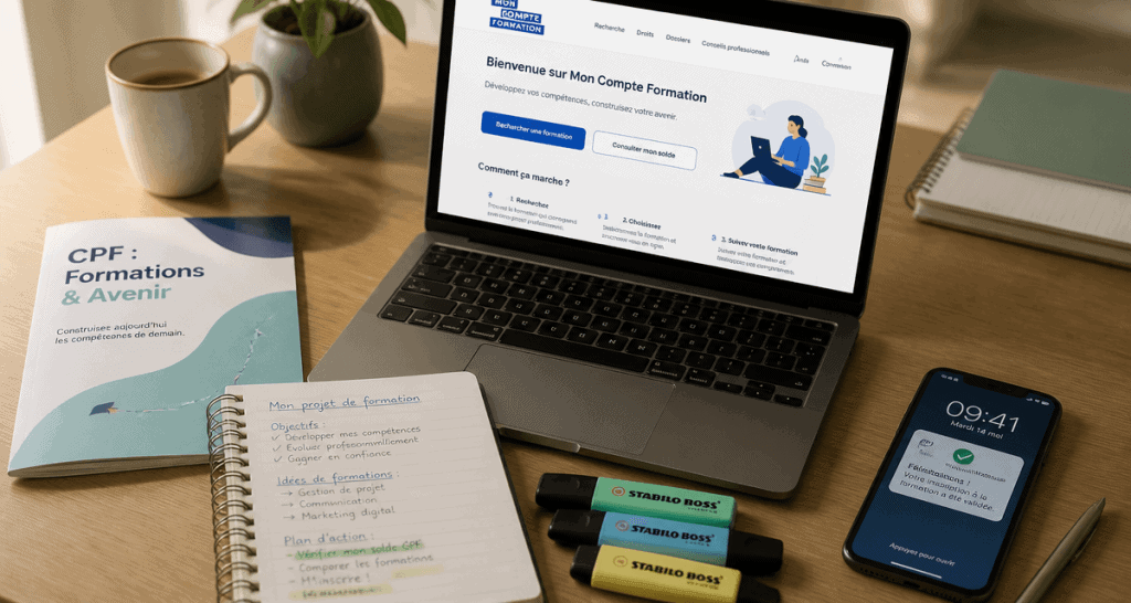 idée formation cpf bureau avec ordinateur et carnet