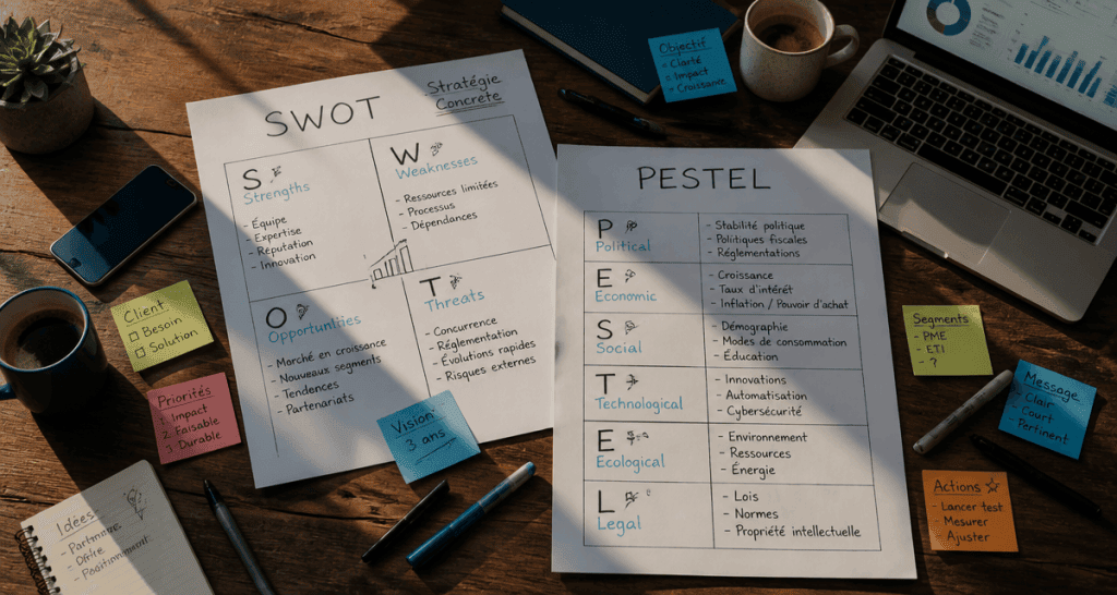 bureau avec documents pestel swot manuscrits