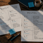 bureau avec documents pestel swot manuscrits