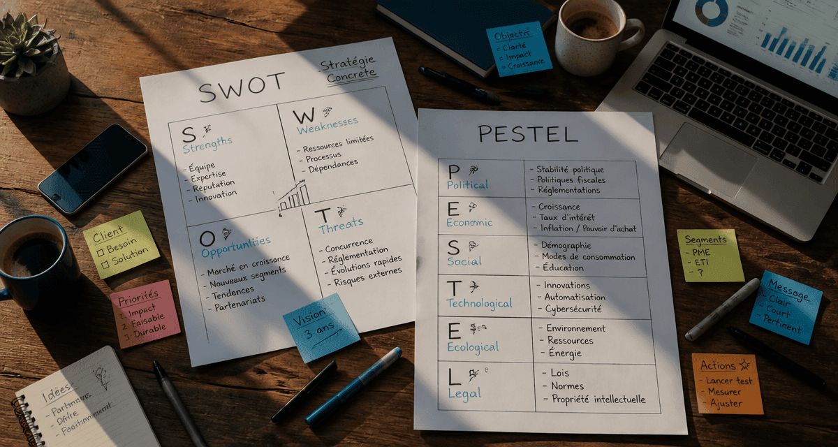 bureau avec documents pestel swot manuscrits