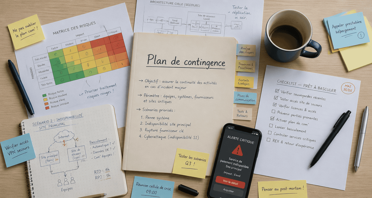 plans de contingence sur bureau avec schémas et checklist