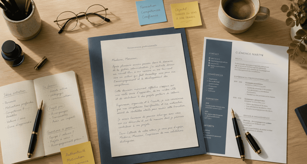 reconversion lettre de motivation sur bureau avec CV