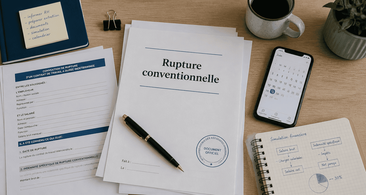 Rupture conventionnelle pour création d'entreprise, dossier et documents sur bureau
