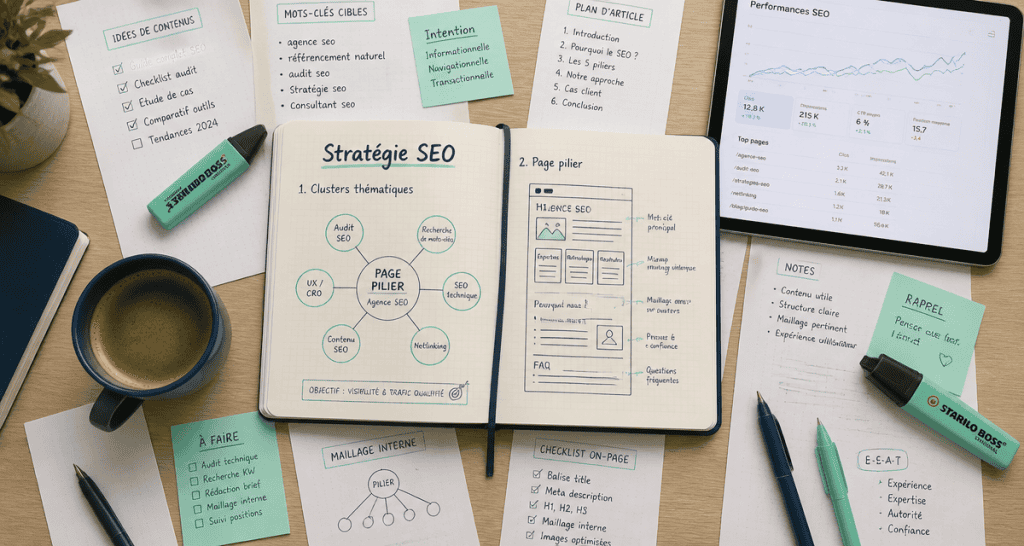 stratégie éditoriale pour le seo, bureau, schéma, carnet