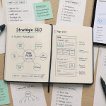 stratégie éditoriale pour le seo, bureau, schéma, carnet