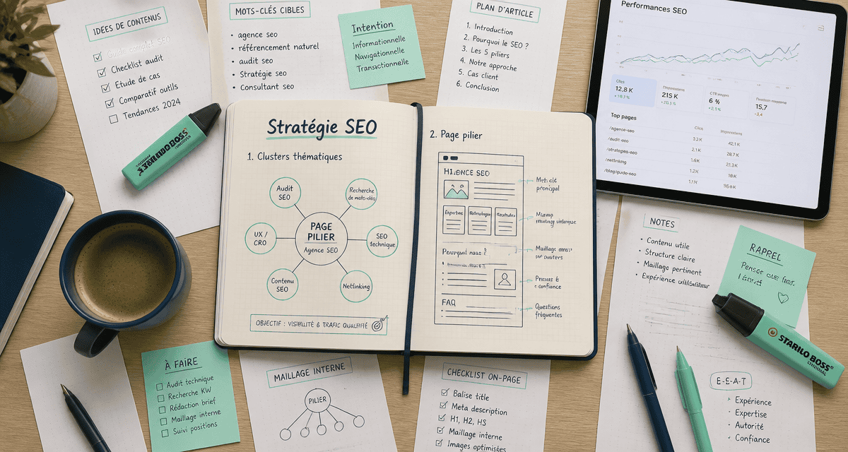 stratégie éditoriale pour le seo, bureau, schéma, carnet