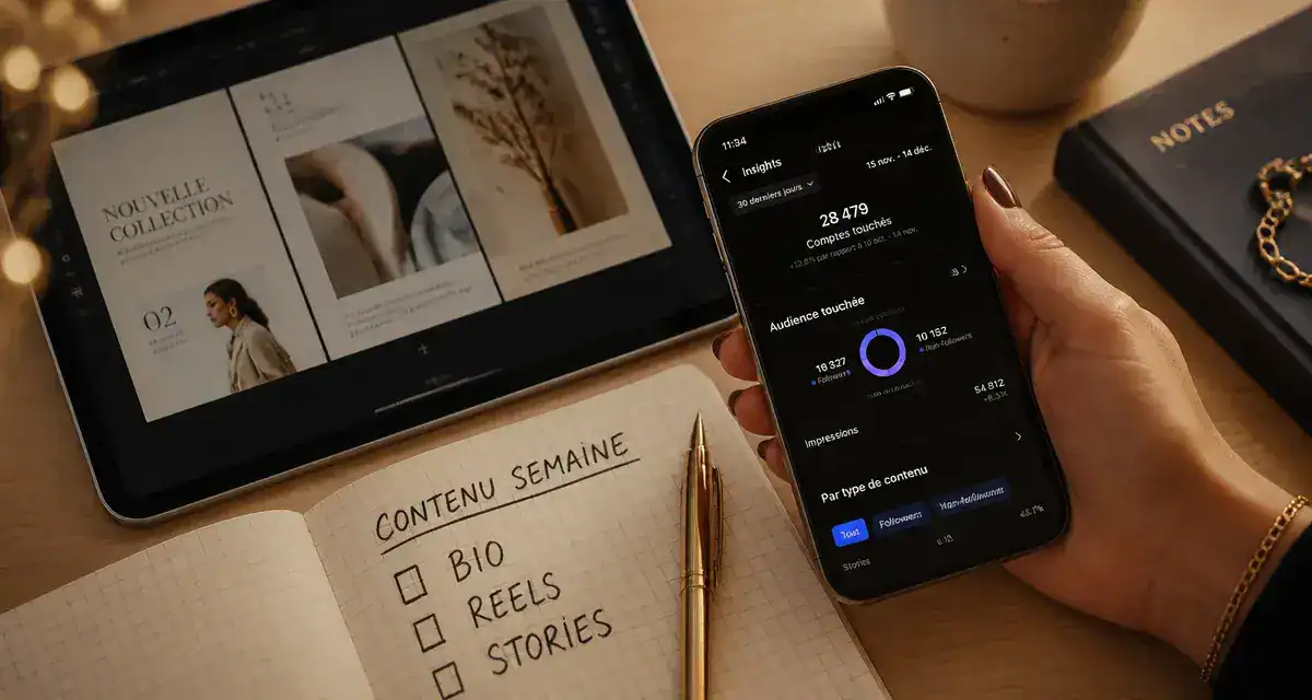 Comment gagner des followers sur instagram : smartphone Instagram Insights et checklist BIO REELS STORIES