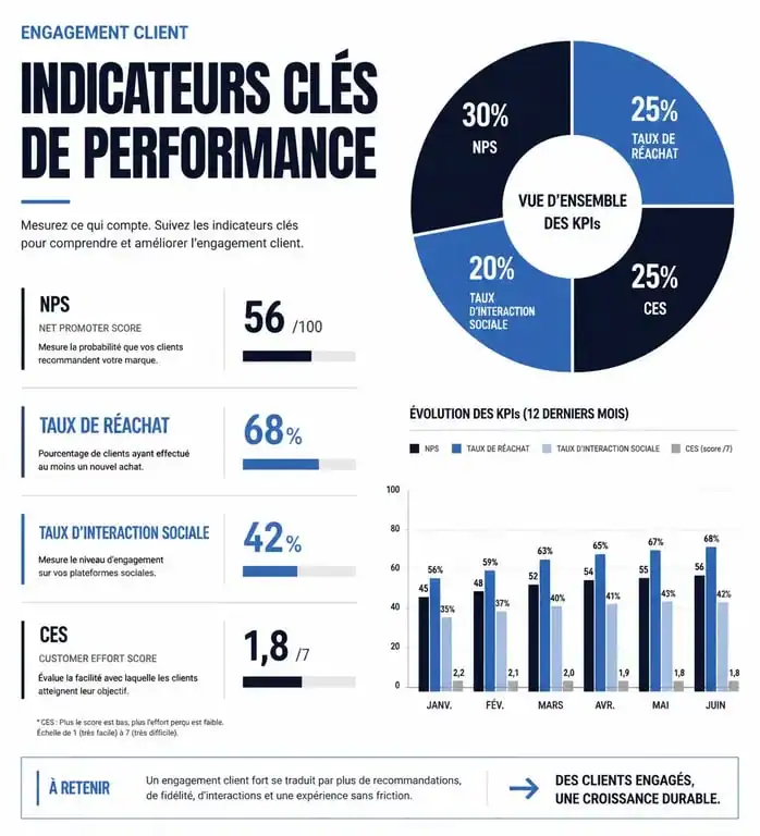 Infographie des indicateurs clés de performance (KPIs) pour mesurer le customer engagement efficacement
