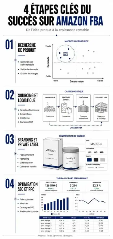 Infographie des étapes clés d'une formation Amazon FBA pour réussir son business en ligne