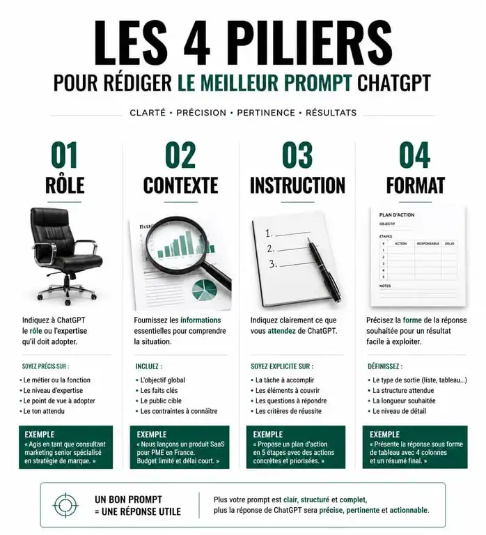 Infographie des 4 piliers pour rédiger le meilleur prompt ChatGPT