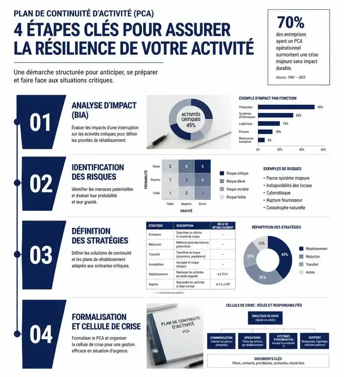 Infographie des 4 étapes clés pour élaborer un plan de continuité d'activité (PCA) efficace