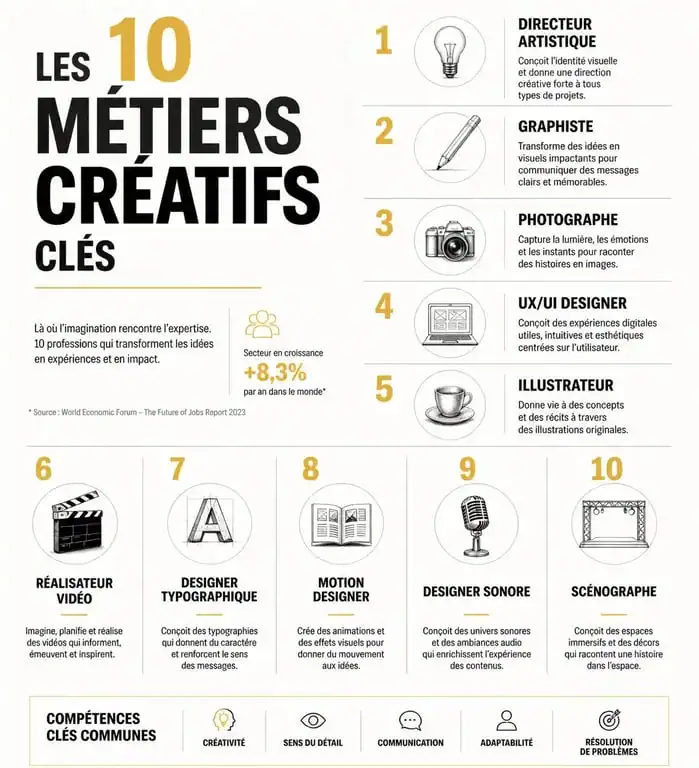 Infographie des 10 métiers créatifs les plus porteurs et leurs compétences clés