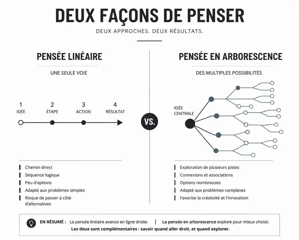Schéma comparatif entre pensée linéaire et pensée en arborescence chez les surdoués