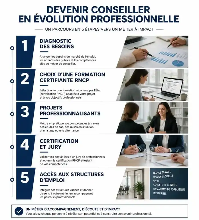 Infographie du parcours de formation conseiller en évolution professionnelle