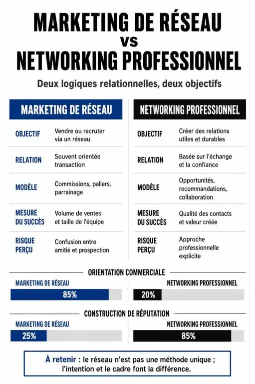 Tableau comparatif entre le marketing de réseau et le networking professionnel pour comprendre leurs différences