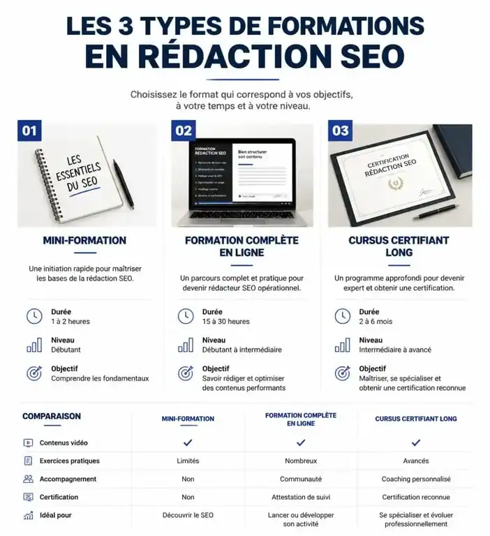 Infographie comparative des types de formation en rédaction SEO : prix et public cible.