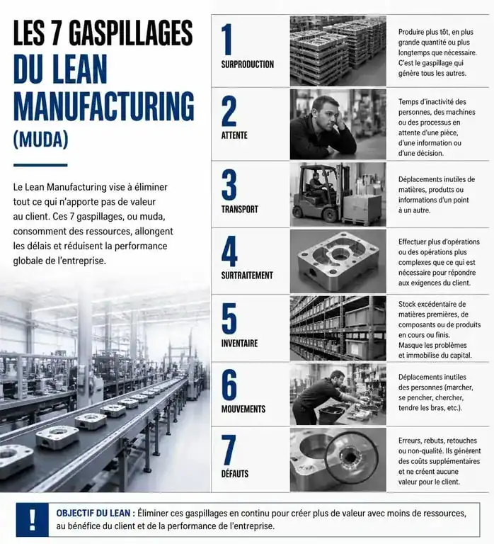 Infographie des 7 gaspillages du lean manufacturing en milieu industriel