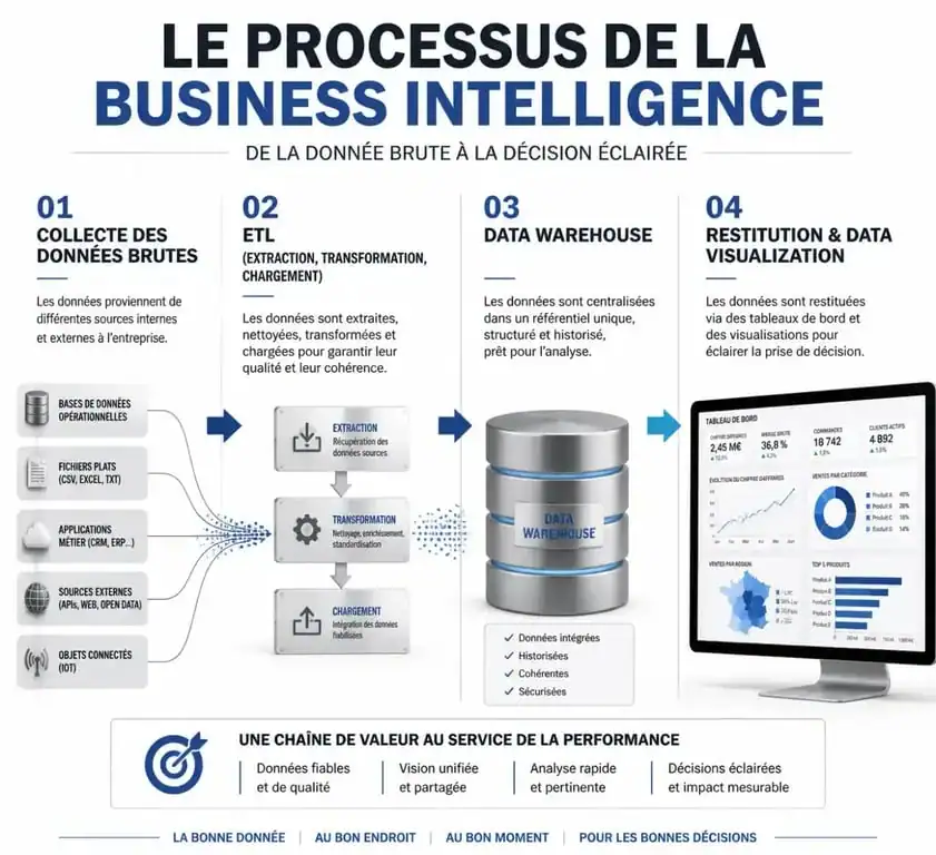 Schéma du processus de Business Intelligence : collecte, intégration ETL, stockage et visualisation des données.