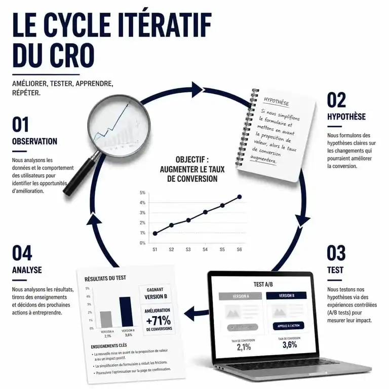 Cycle de l'optimisation du taux de conversion (CRO marketing) : observation, hypothèse, test et analyse