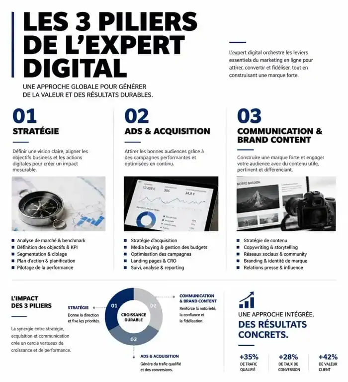 Infographie des spécialisations de l'expert digital : stratégie, ads et communication