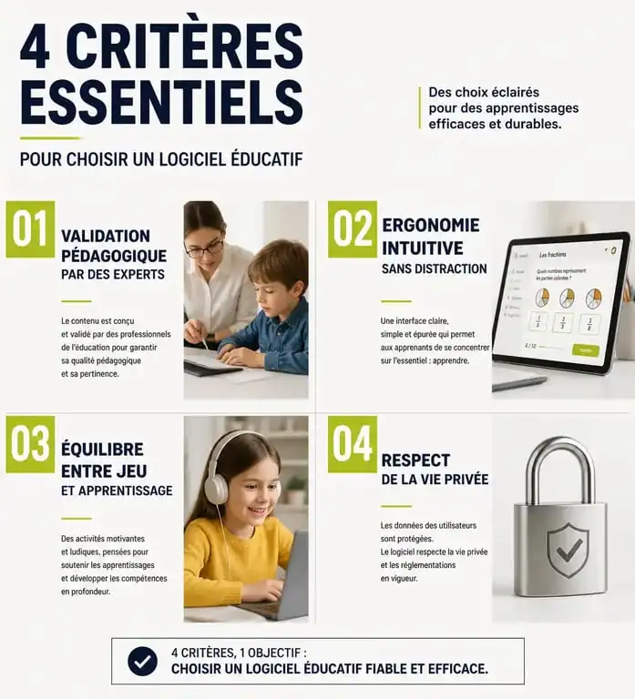 Infographie des critères de sélection pour choisir les meilleurs logiciels éducatifs pour enfants