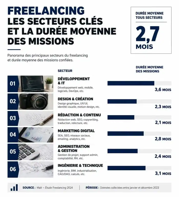Infographie des secteurs qui recrutent pour un emploi pour indépendant et durée des missions