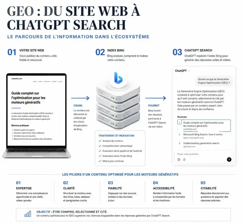 Schéma du fonctionnement du référencement ChatGPT et du Generative Engine Optimization