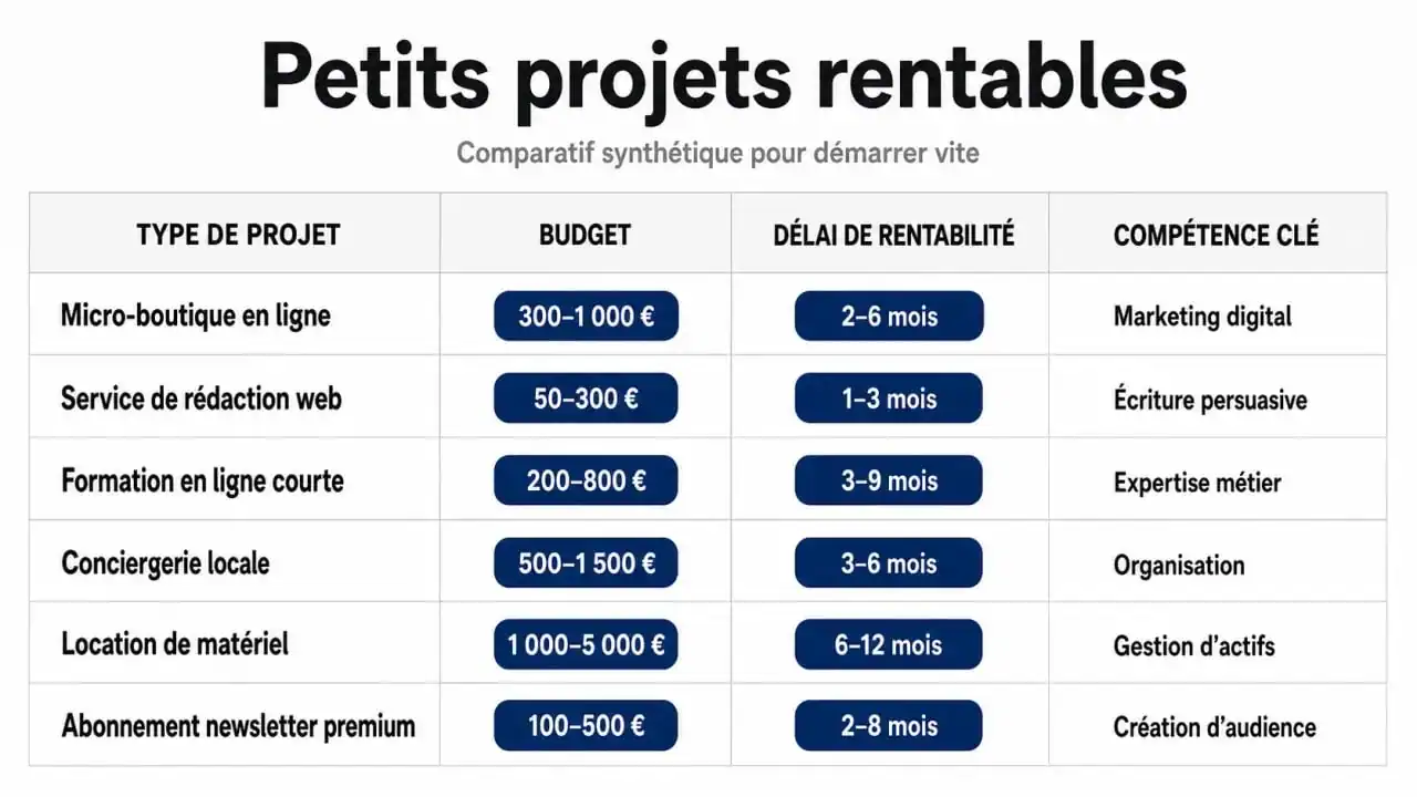 Infographie comparative des idées de petits projets rentables avec budget et délai de rentabilité