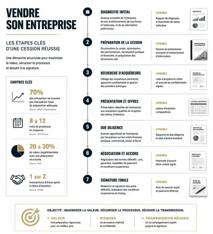 Infographie des étapes de la vente d'une entreprise pour réussir sa cession