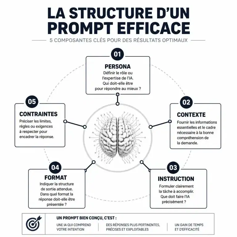 Infographie illustrant les 5 piliers pour rédiger un prompt efficace en intelligence artificielle