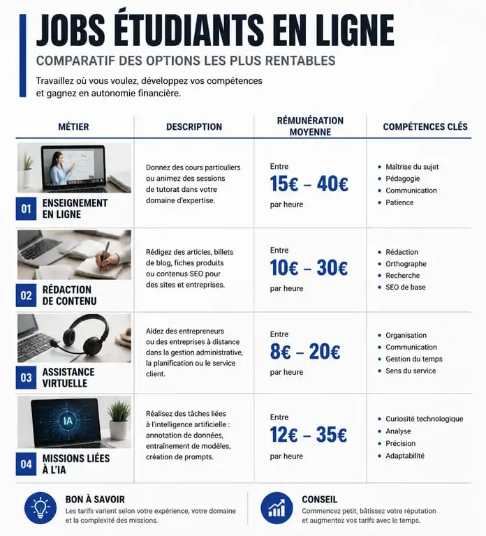Infographie comparative des jobs étudiants en ligne : rémunérations et compétences clés pour réussir son job étudiant en ligne.