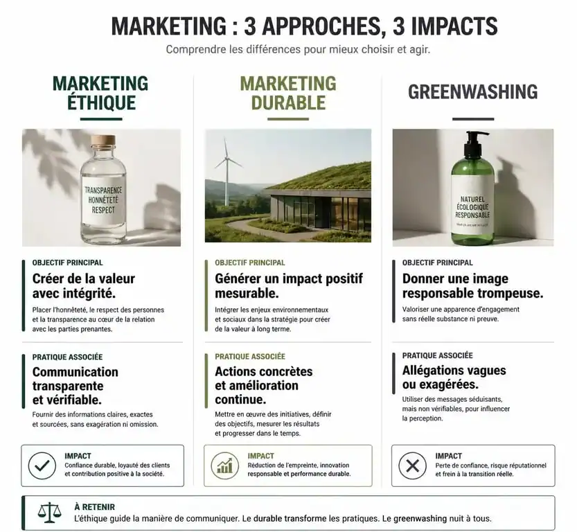 Infographie comparative : Marketing Éthique vs Marketing Durable vs Greenwashing pour une stratégie d'entreprise responsable.
