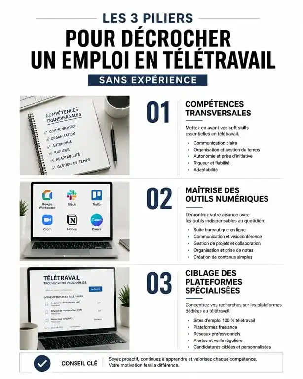 Infographie des étapes pour trouver un emploi télétravail sans expérience