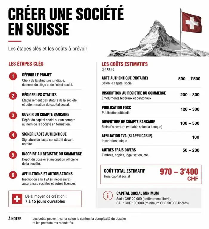 Infographie des étapes et coûts pour ouvrir une société en Suisse