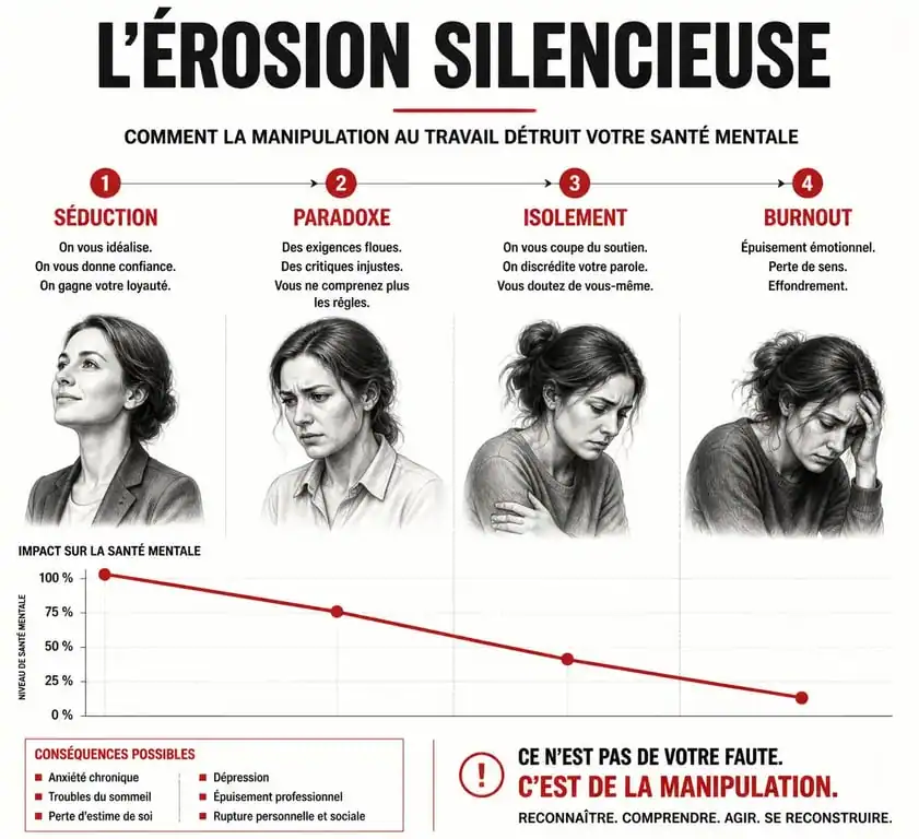 Schéma illustrant les étapes de l'emprise d'un pervers narcissique au travail et ses conséquences sur la santé mentale