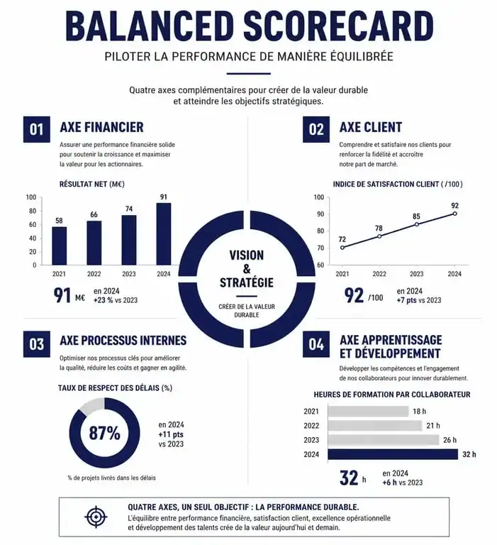 Infographie des quatre axes du pilotage stratégique et du Balanced Scorecard pour une entreprise performante