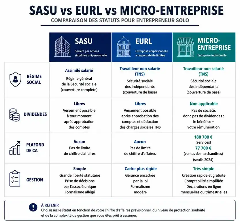 Tableau comparatif des formes juridiques : SASU, EURL et Micro-entreprise pour choisir son statut d'entrepreneur.