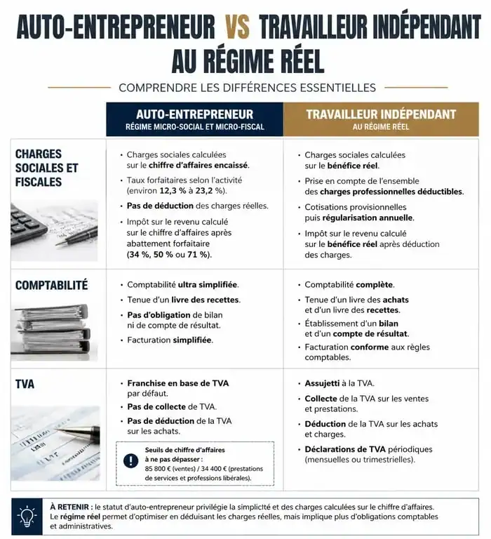 Tableau comparatif entre travailleur indépendant et auto entrepreneur pour choisir son statut