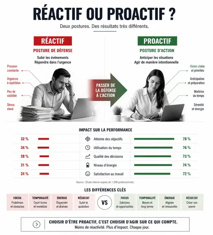 Infographie comparant les comportements réactifs et proactifs au travail pour être proactif