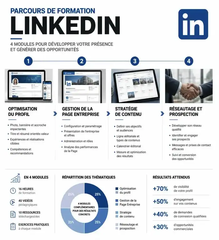 Infographie du programme de formation LinkedIn pour entreprise détaillant les 4 modules clés