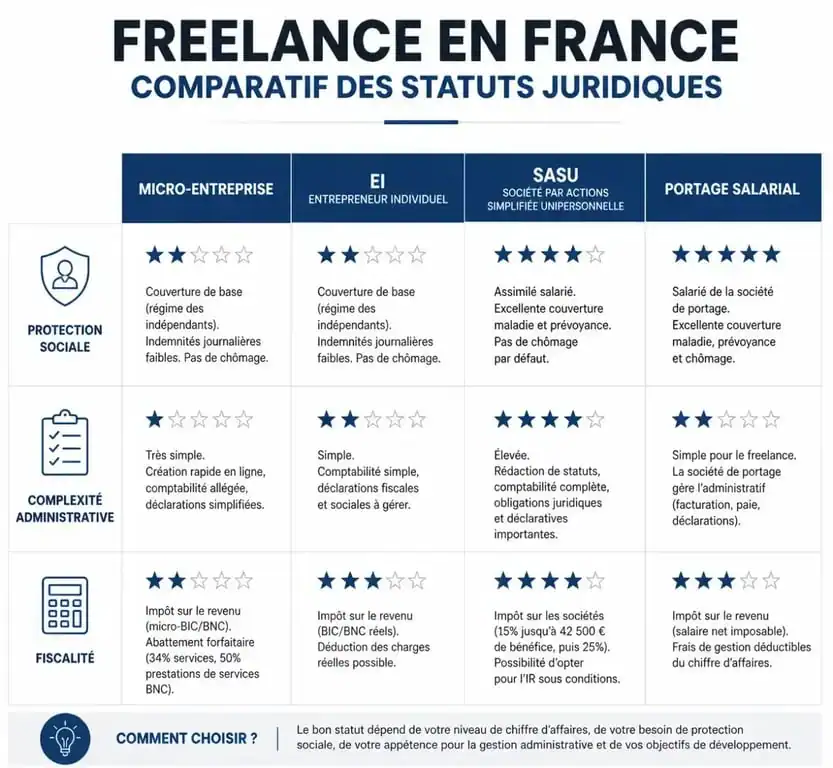 Comparatif des statuts juridiques pour freelance en France : micro-entreprise, EI, SASU et portage salarial.