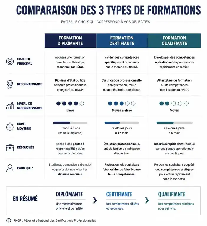 Infographie comparative des formations diplômante, certifiante et qualifiante pour choisir sa formation professionnelle